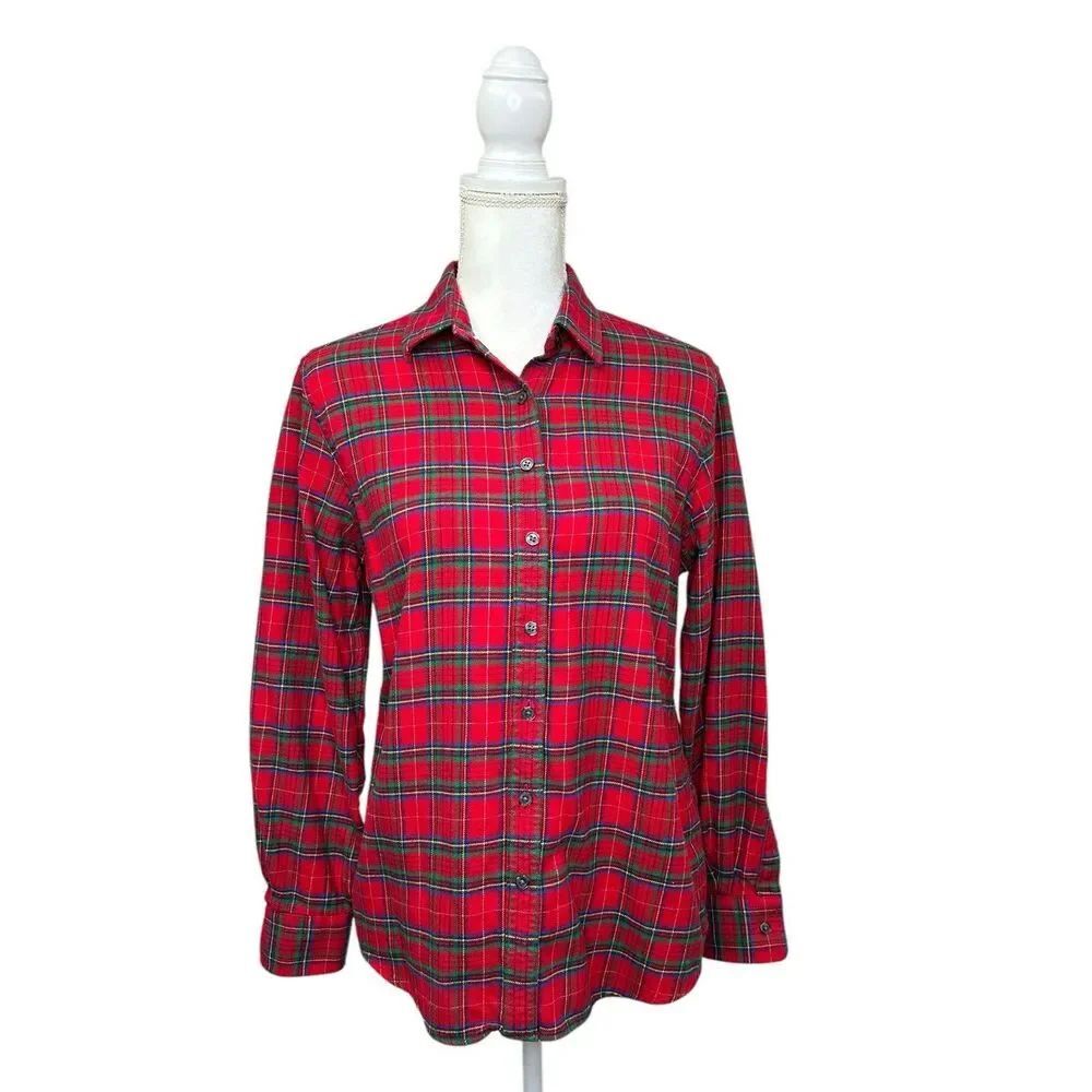 Lands’ End Petite 8 Red Plaid Flannel Shirt Button Front Long Sleeve Cotton